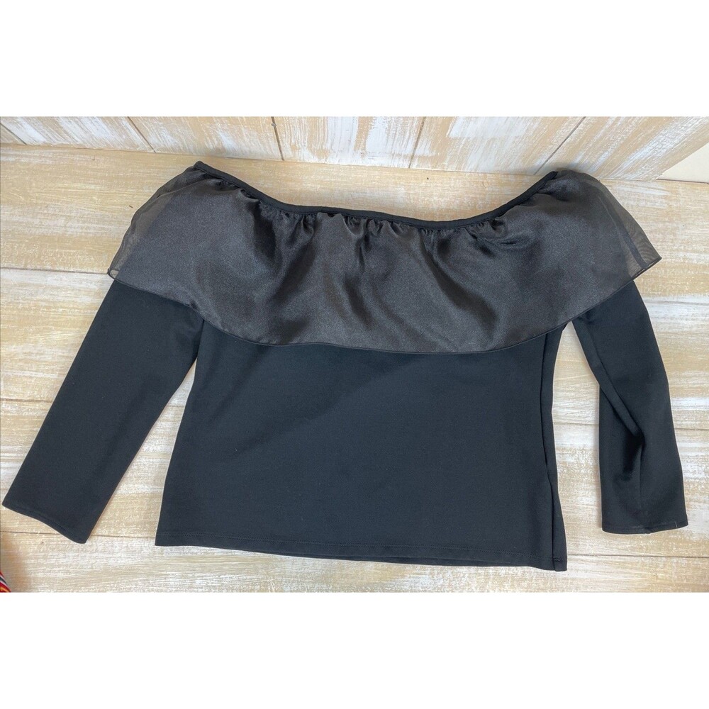 J. Crew Women’s M Black Off The Shoulder Satin Ruffle Long Sleeve Top